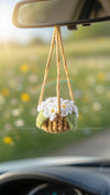 Car Accessories - Crochet Hanging Flower Pot - Pure White Forget-Me-Not