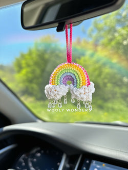 Car Accessories - Crochet Hanging Car Charm - Rainbow with Raindrop Beads