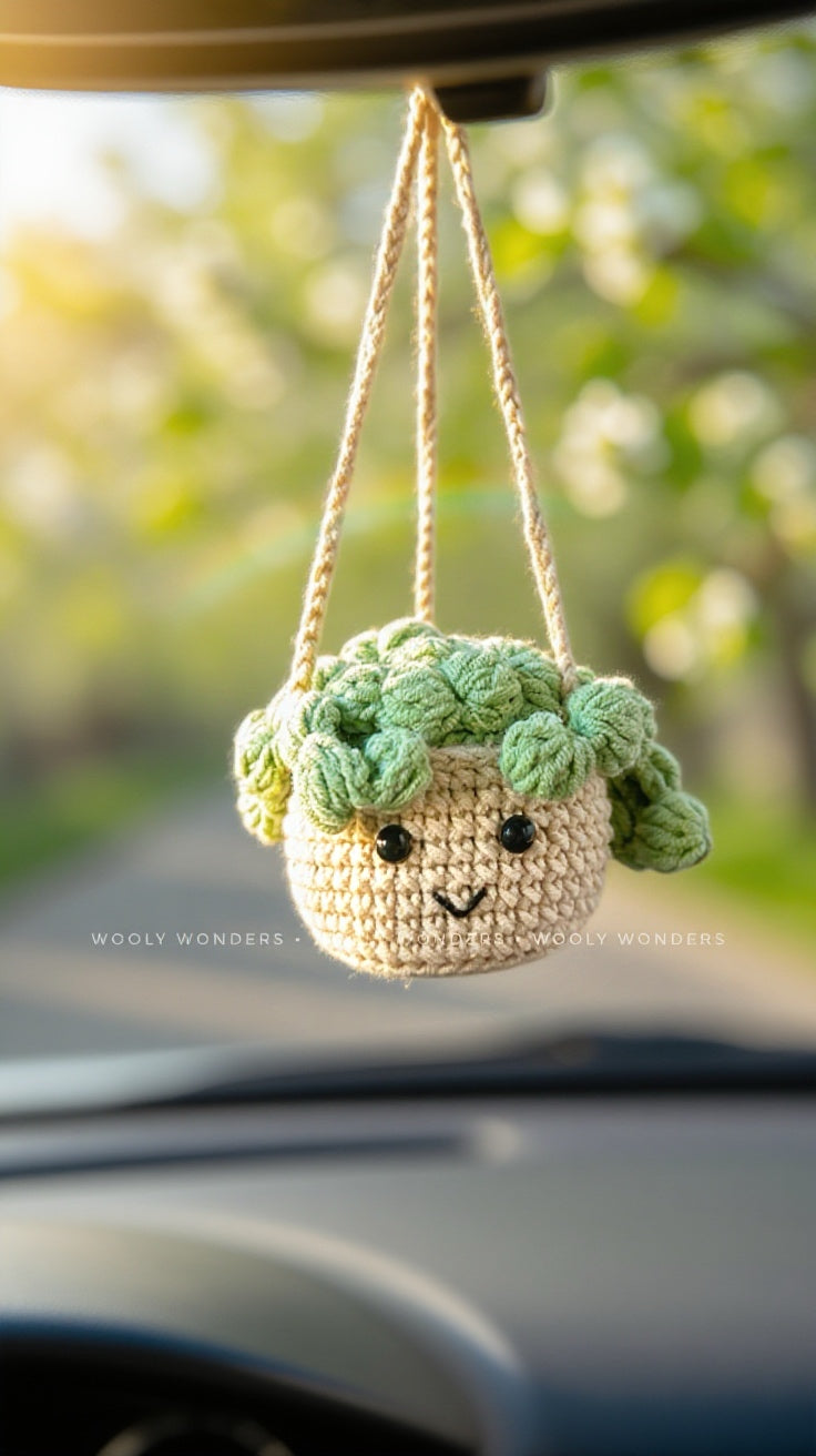 Car Accessories - Crochet Hanging Plant - Happy Sage Green Succulent
