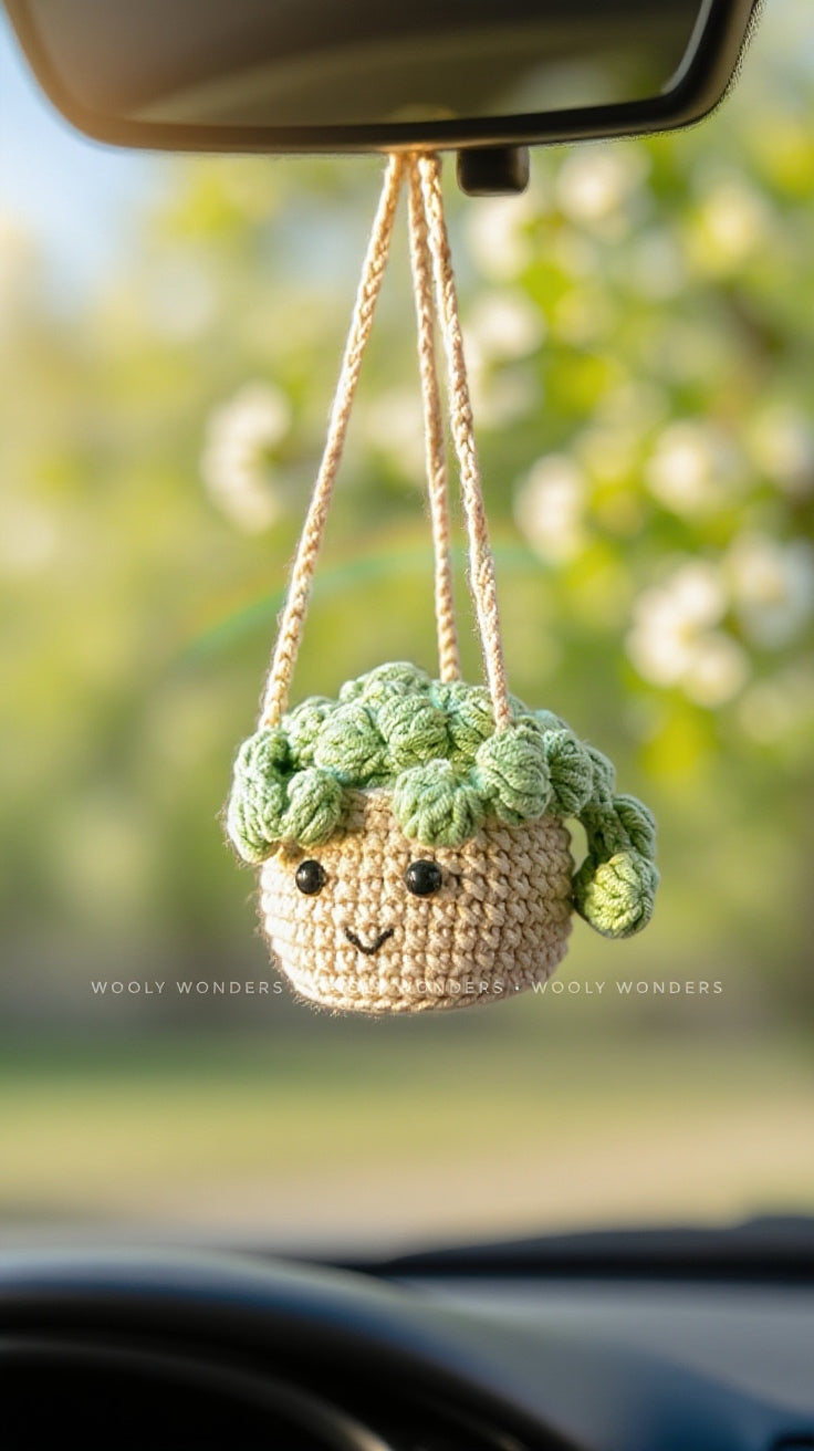 Car Accessories - Crochet Hanging Plant - Happy Sage Green Succulent