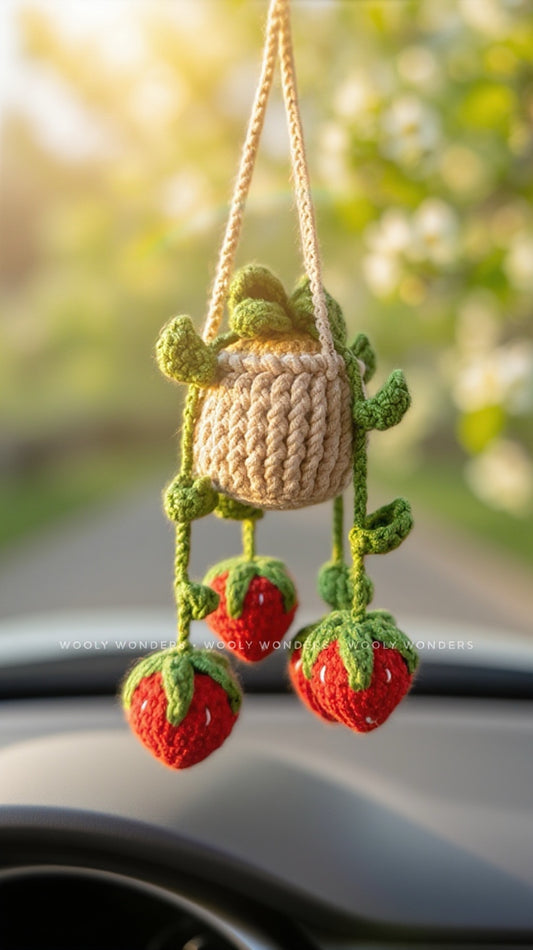 Car Accessories - Crochet Hanging Plant - Red Strawberry Plant