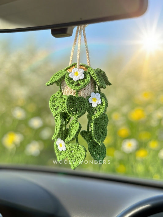 Car Accessories - Crochet Hanging Plant - String of Hearts Plant with White Flowers