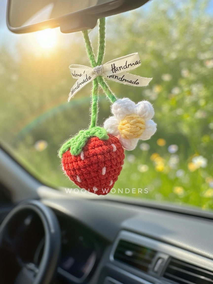 Car Accessories - Crochet Hanging Car Charm - Red Velvet Strawberry