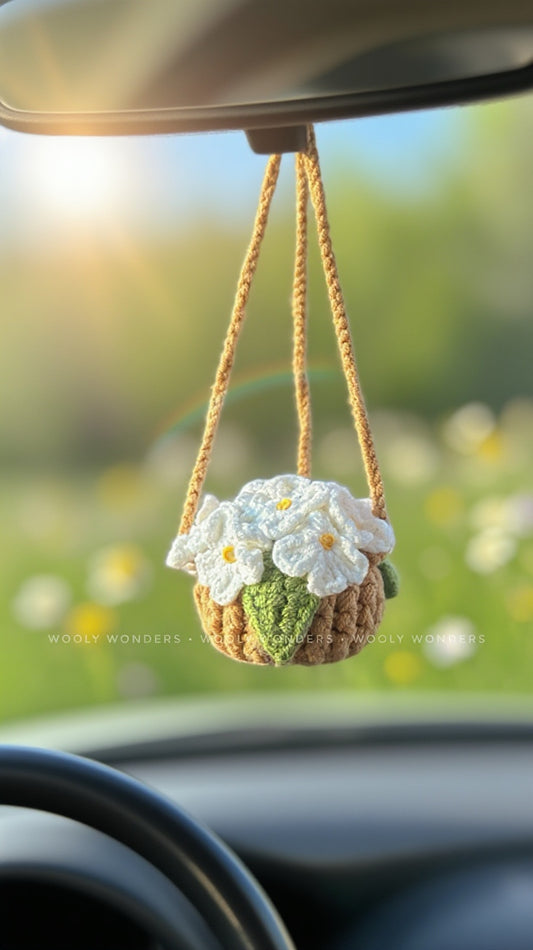 Car Accessories - Crochet Hanging Flower Pot - Pure White Forget-Me-Not