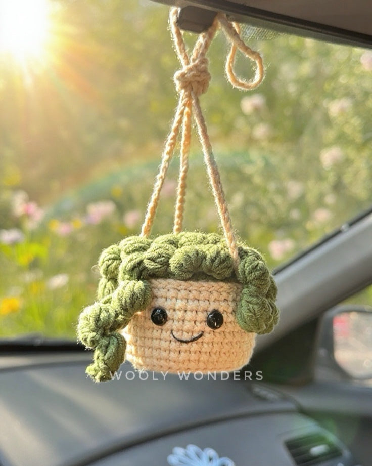 Car Accessories - Crochet Hanging Plant - Happy Green Succulent