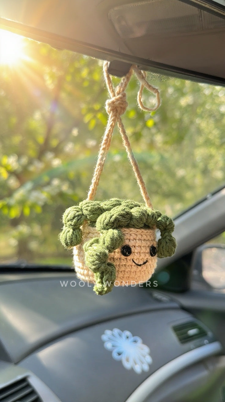 Car Accessories - Crochet Hanging Plant - Happy Green Succulent