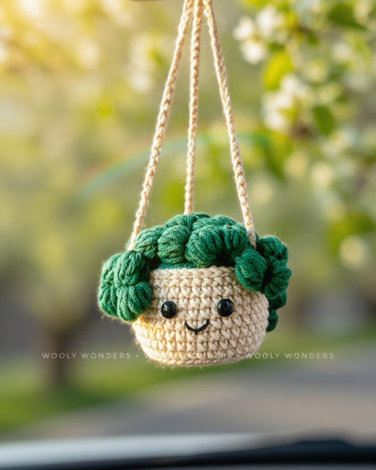 Car Accessories - Crochet Hanging Plant - Happy Deep Pine Green Succulent