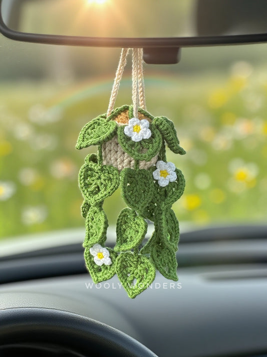 Car Accessories - Crochet Hanging Plant - String of Hearts Plant with White Flowers