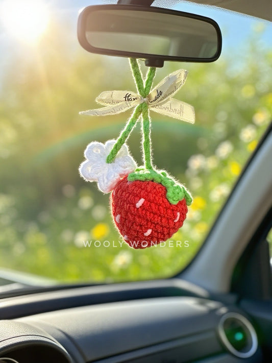 Car Accessories - Crochet Hanging Car Charm - Red Velvet Strawberry
