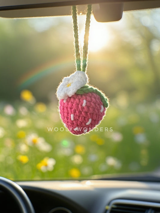 Car Accessories - Crochet Hanging Car Charm - Pink Velvet Strawberry