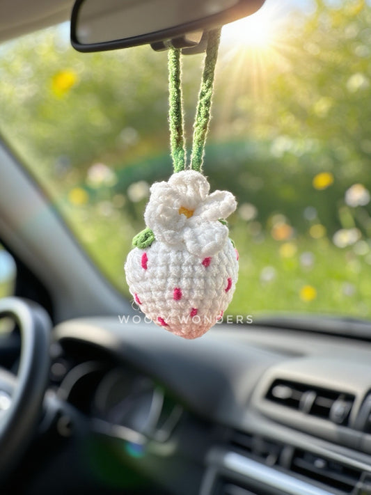 Car Accessories - Crochet Hanging Car Charm - White and Pink Ombre Velvet Strawberry
