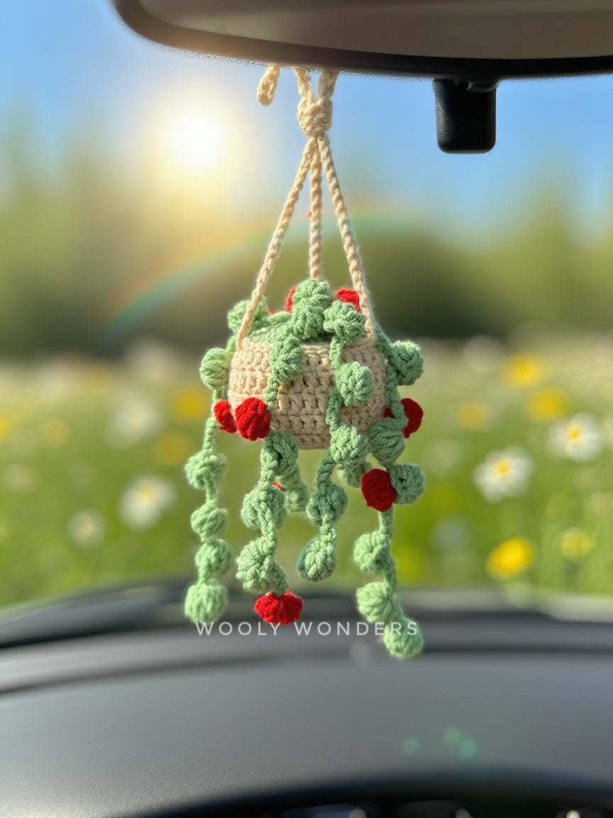 Car Accessories - Crochet Hanging Plant - String of Pearls Plant with Red Blossoms