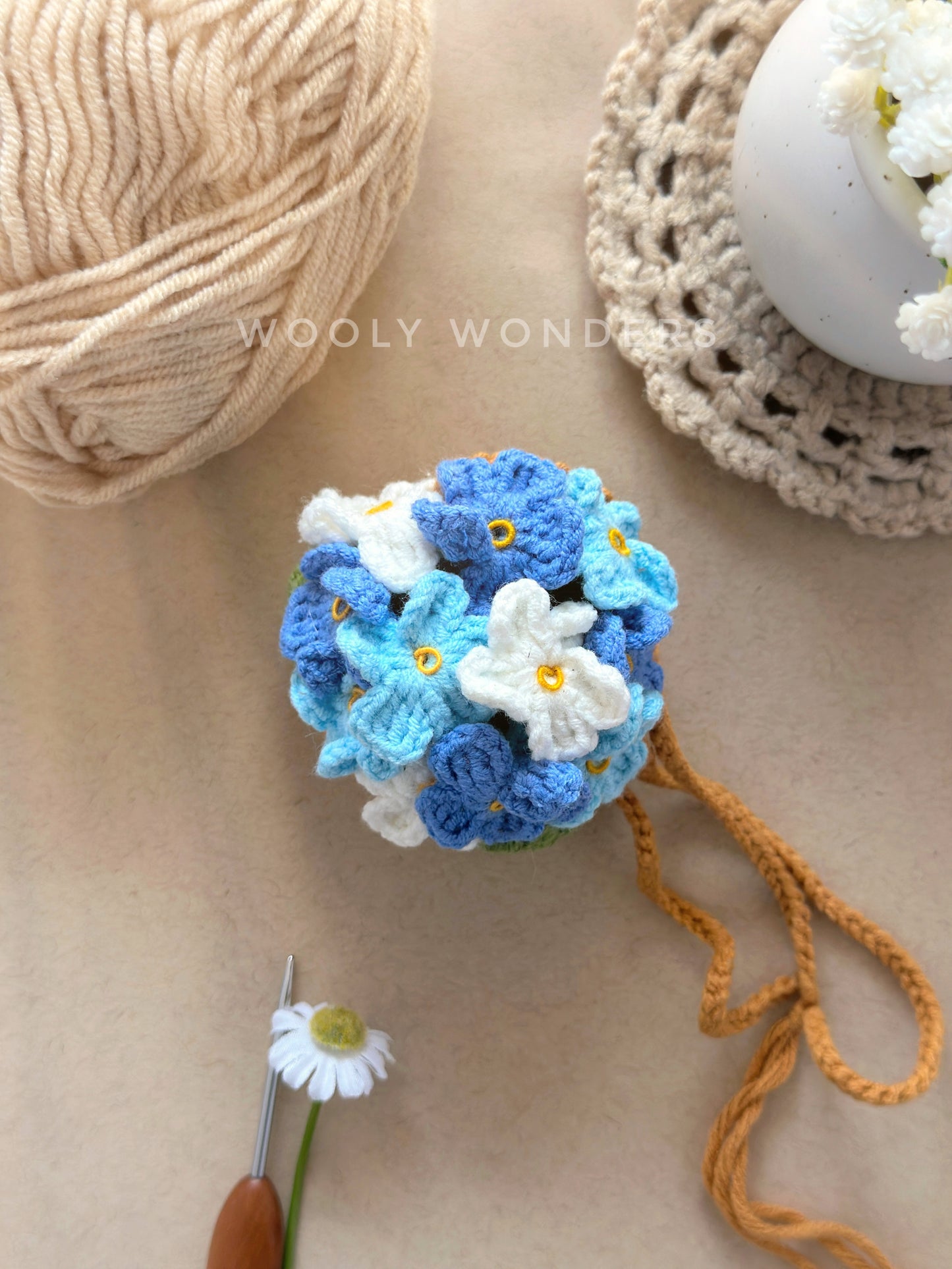 Car Accessories - Crochet Hanging Flower Pot - Blue Forget-Me-Not