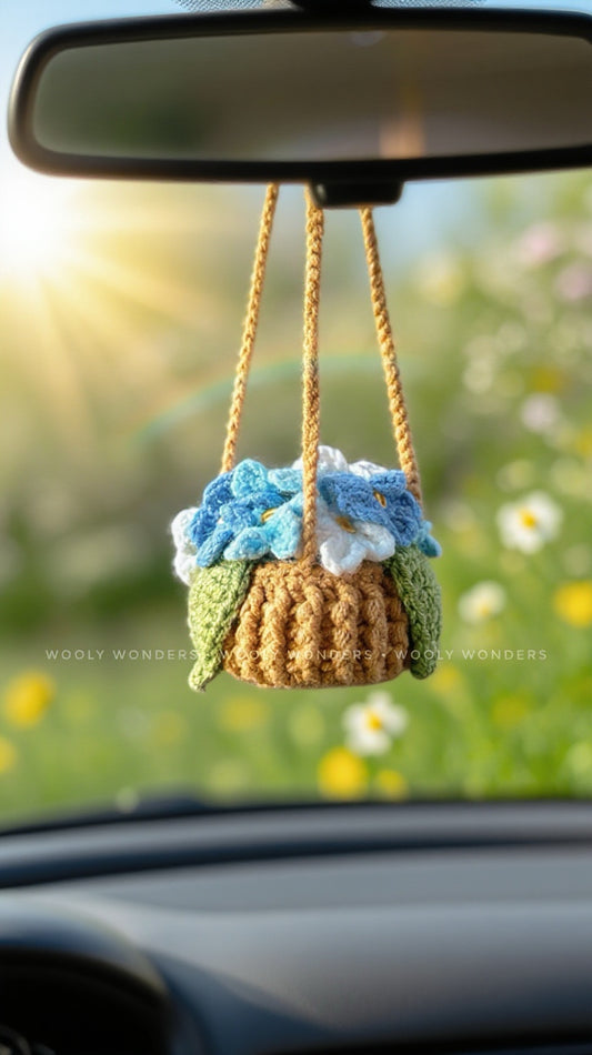 Car Accessories - Crochet Hanging Flower Pot - Blue Forget-Me-Not