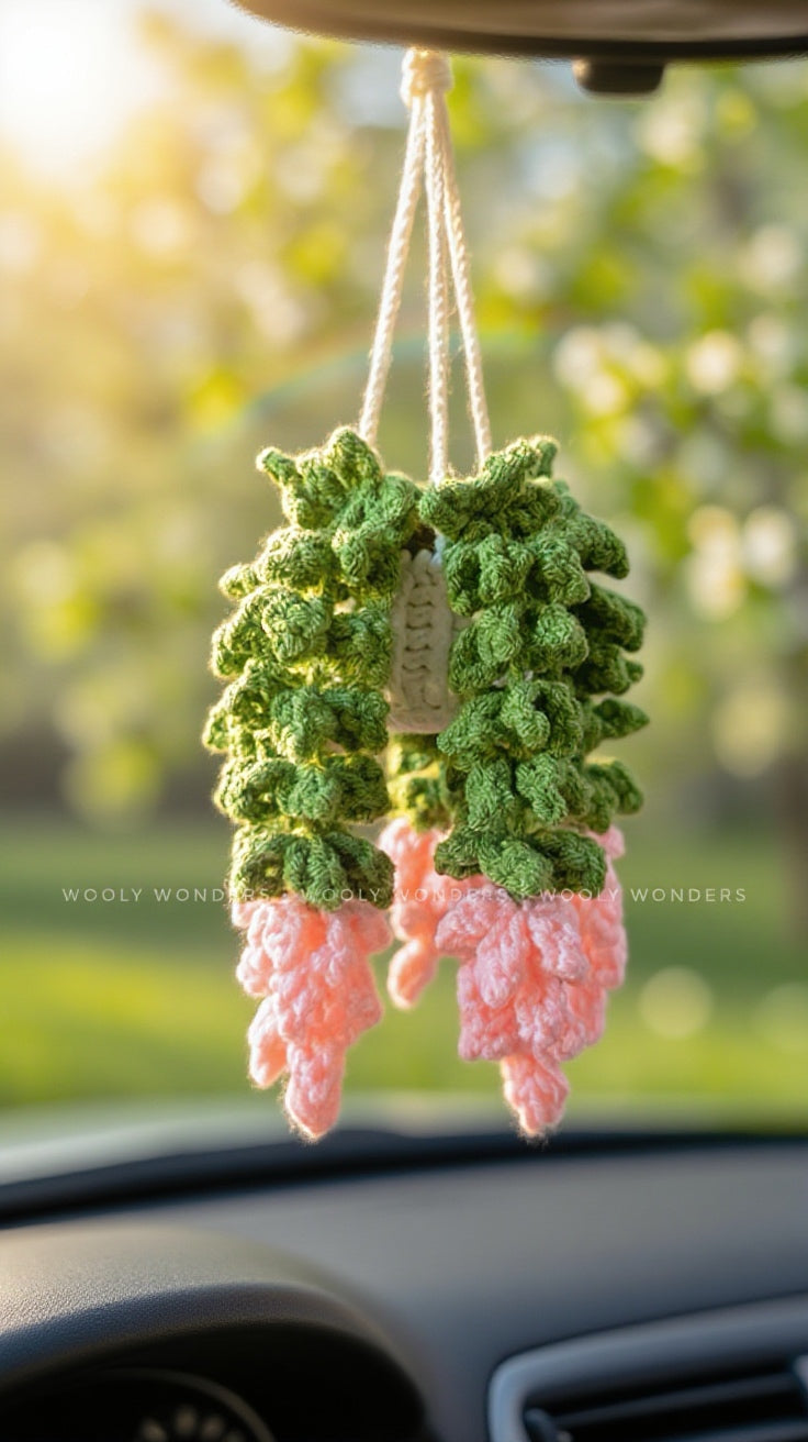 Car Accessories - Crochet Hanging Plant - Hanging Vines with Coral Flowers