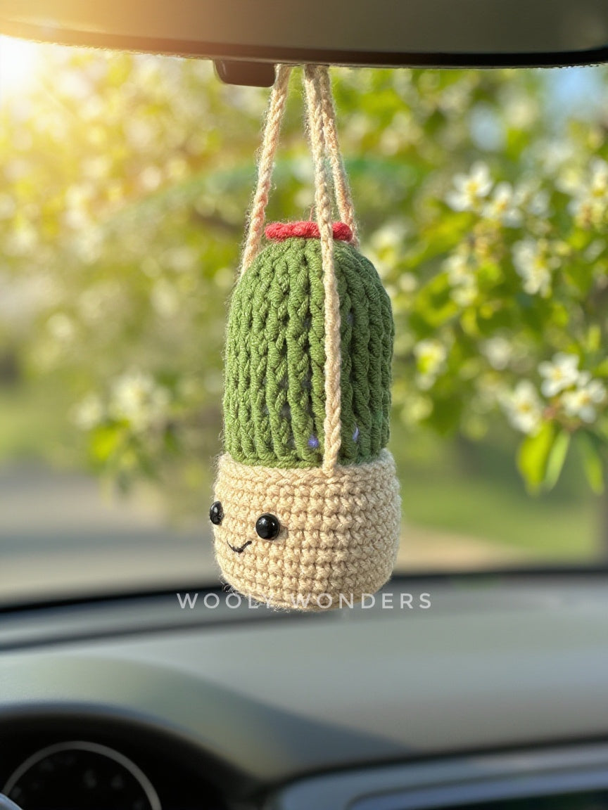 Car Accessories - Crochet Hanging Plant - Happy Green Tall Cactus with Pink Flower