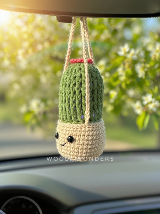 Car Accessories - Crochet Hanging Plant - Happy Green Tall Cactus with Pink Flower