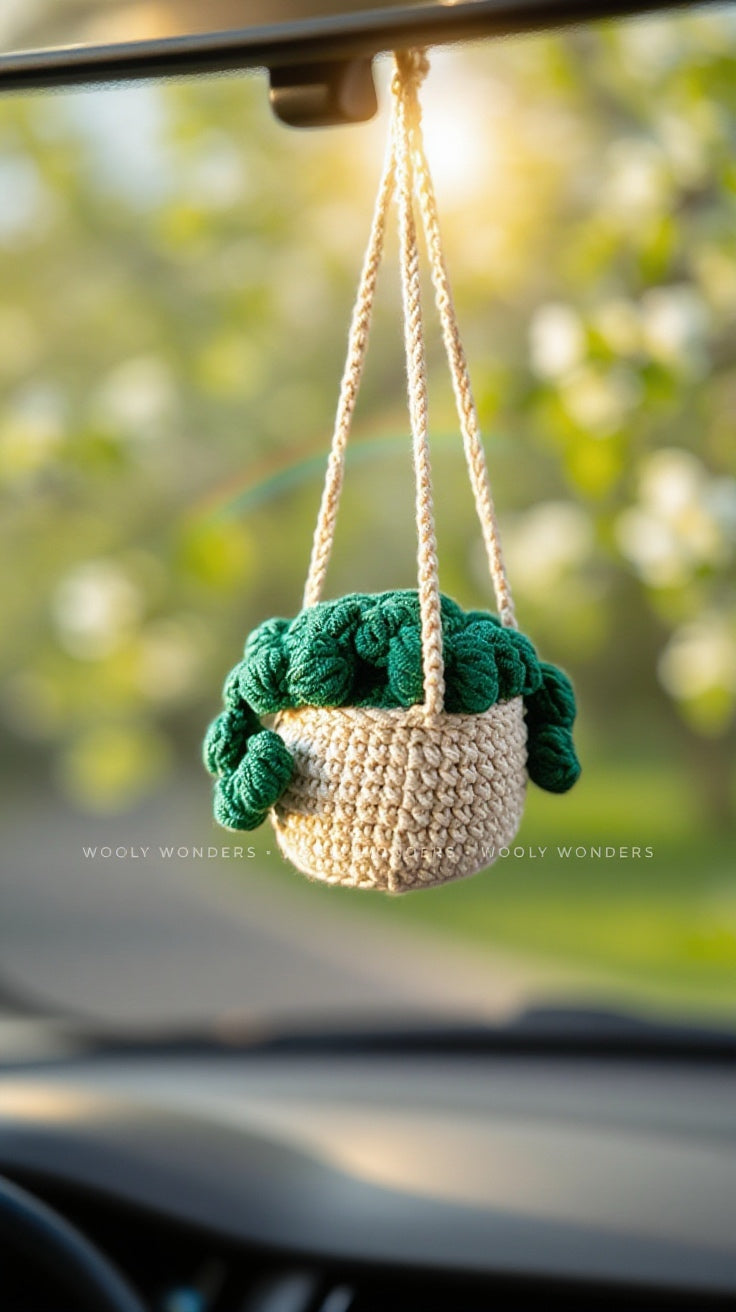 Car Accessories - Crochet Hanging Plant - Happy Deep Pine Green Succulent
