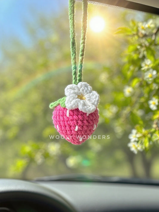 Car Accessories - Crochet Hanging Car Charm - Pink Velvet Strawberry