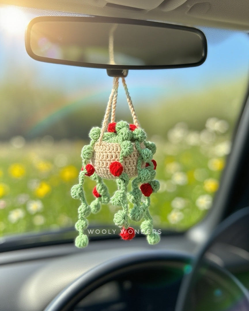 Car Accessories - Crochet Hanging Plant - String of Pearls Plant with Red Blossoms