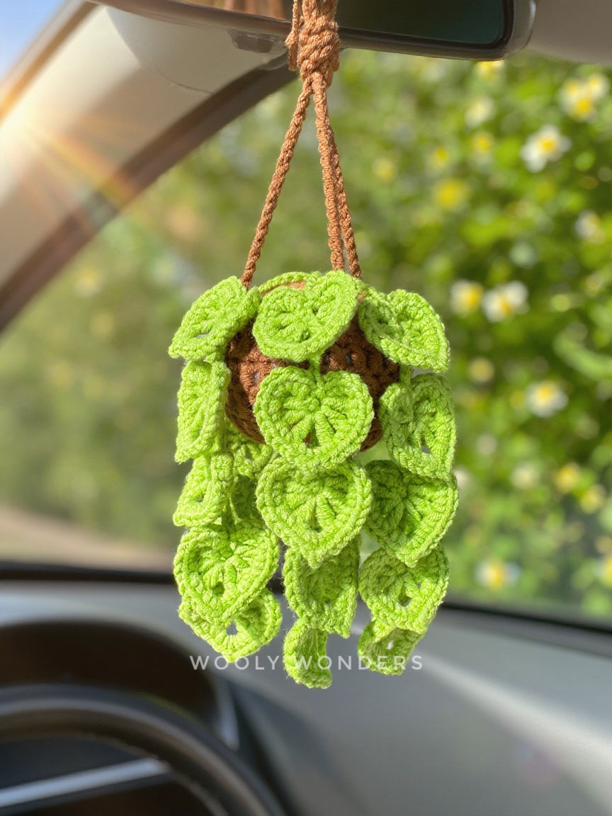Car Accessories - Crochet Hanging Plant - String of Hearts in Brown Pot