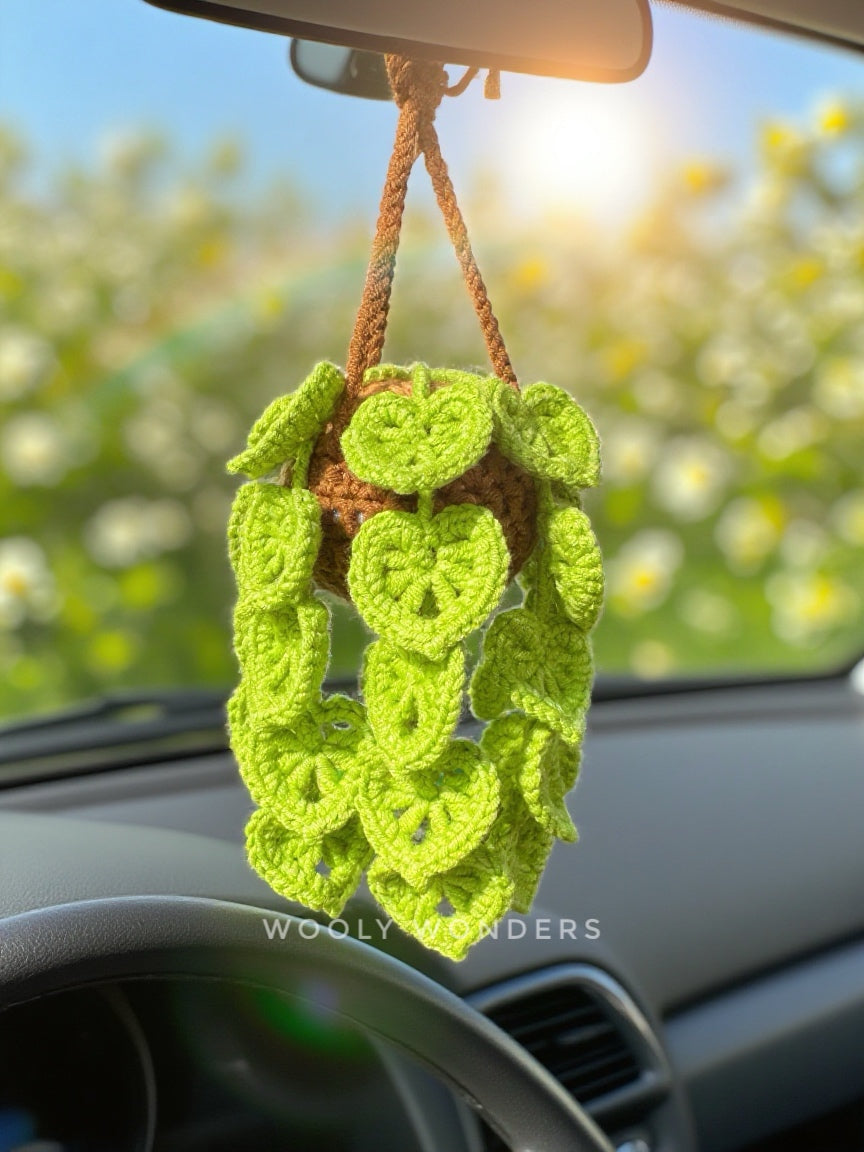 Car Accessories - Crochet Hanging Plant - String of Hearts in Brown Pot