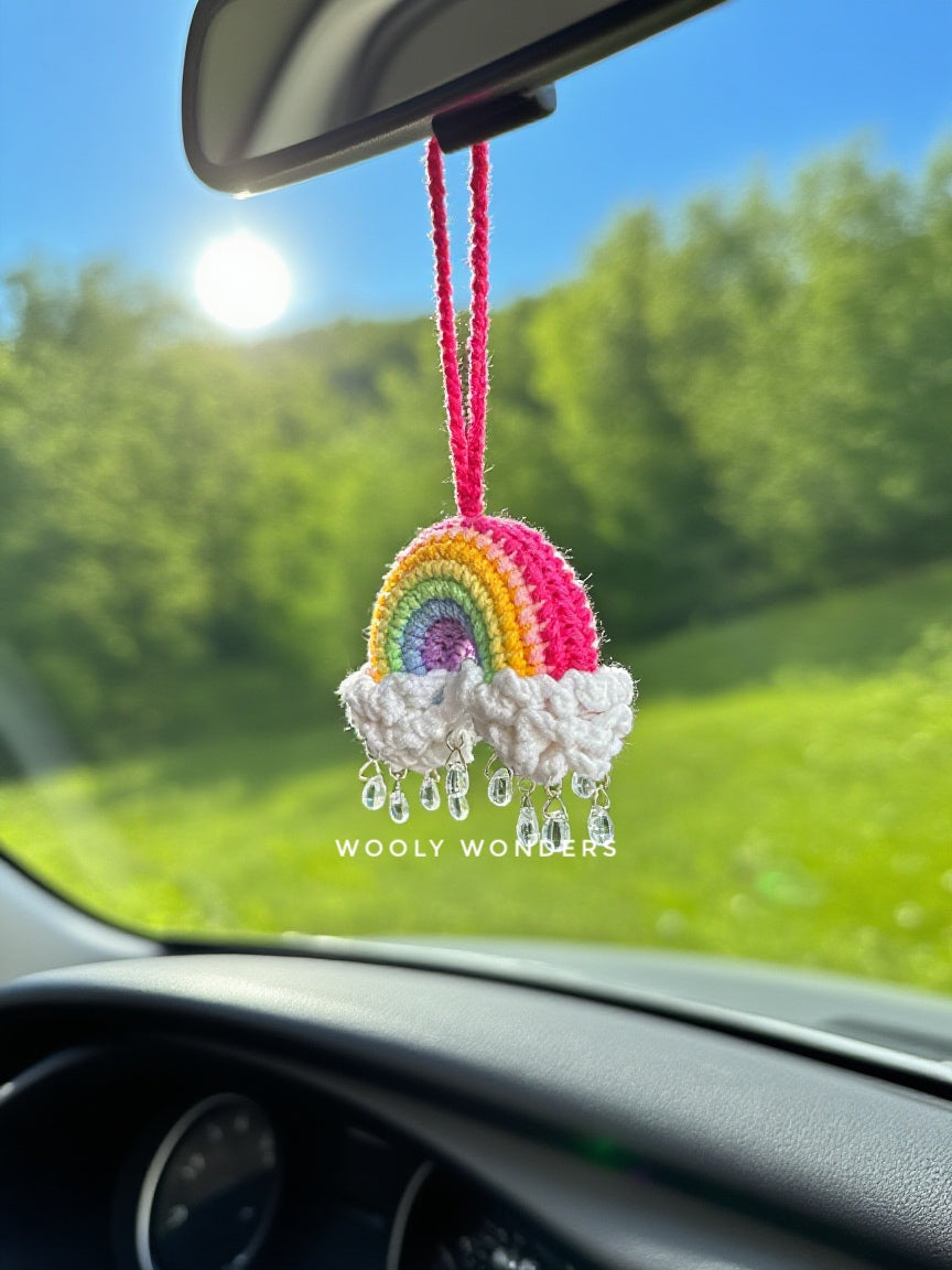 Car Accessories - Crochet Hanging Car Charm - Rainbow with Raindrop Beads