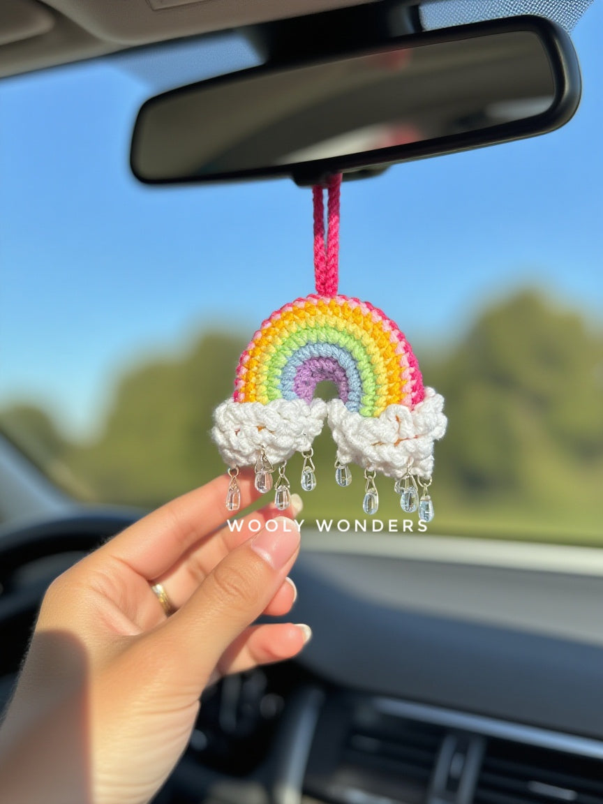 Car Accessories - Crochet Hanging Car Charm - Rainbow with Raindrop Beads