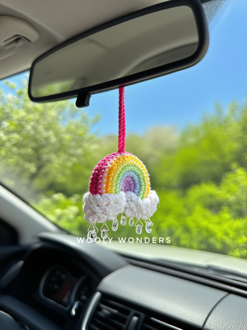 Car Accessories - Crochet Hanging Car Charm - Rainbow with Raindrop Beads