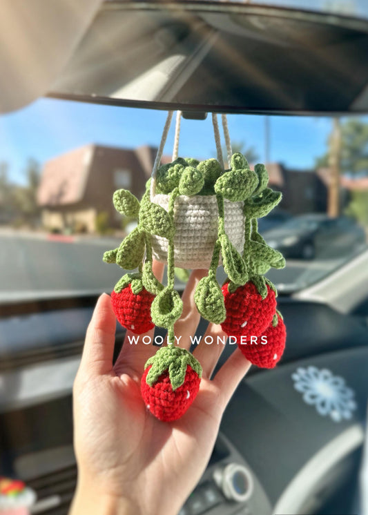 Car Accessories - Crochet Hanging Plant - Red Strawberry Plant with White Pot