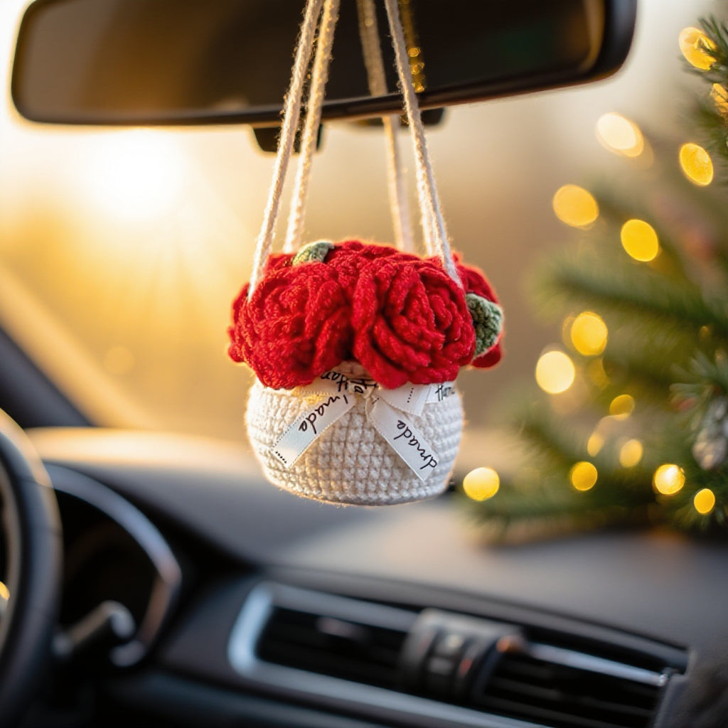 Car Accessories - Crochet Hanging Flower Pot - Classic Red Rose