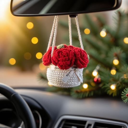 Car Accessories - Crochet Hanging Flower Pot - Classic Red Rose
