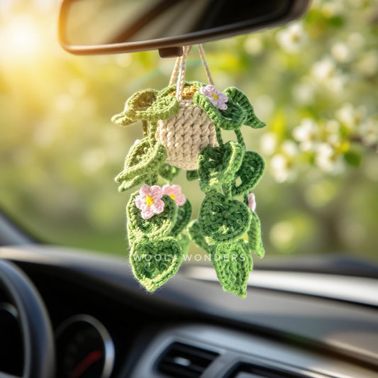Car Accessories - Crochet Hanging Plant - String of Hearts Plant with Soft Pink Flowers