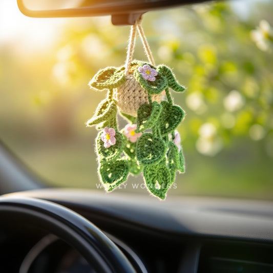 Car Accessories - Crochet Hanging Plant - String of Hearts Plant with Soft Pink Flowers